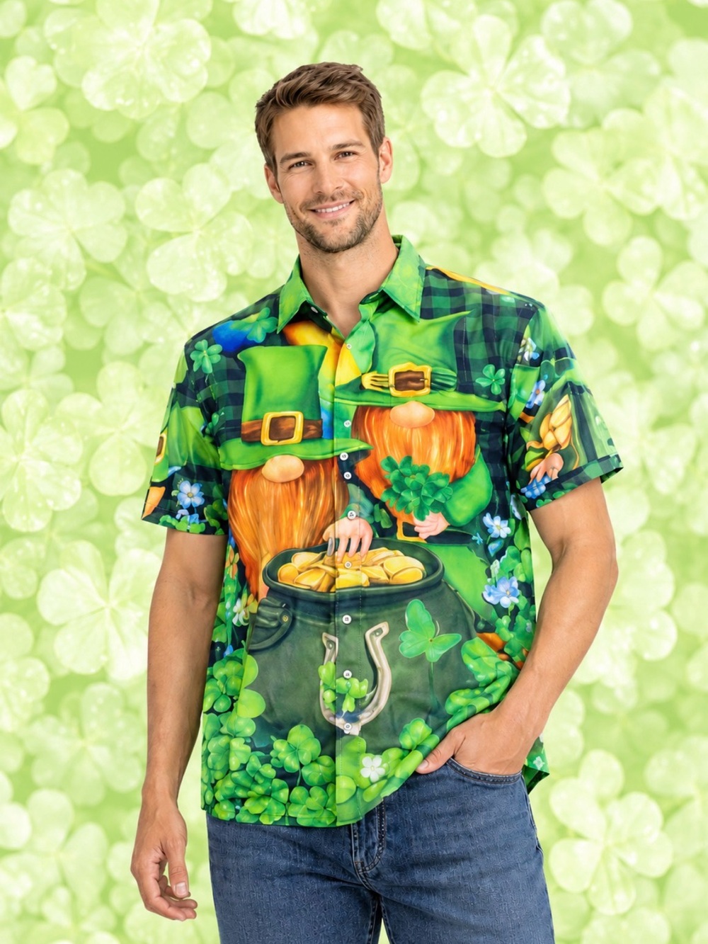 HAWAIIAN Shirt Men's St. Patrick's Day Size Large Leprechaun Pot of Gold